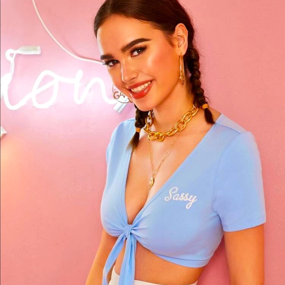 Sassy Graphic Plunging Self-Tie Crop Top- Brand New**